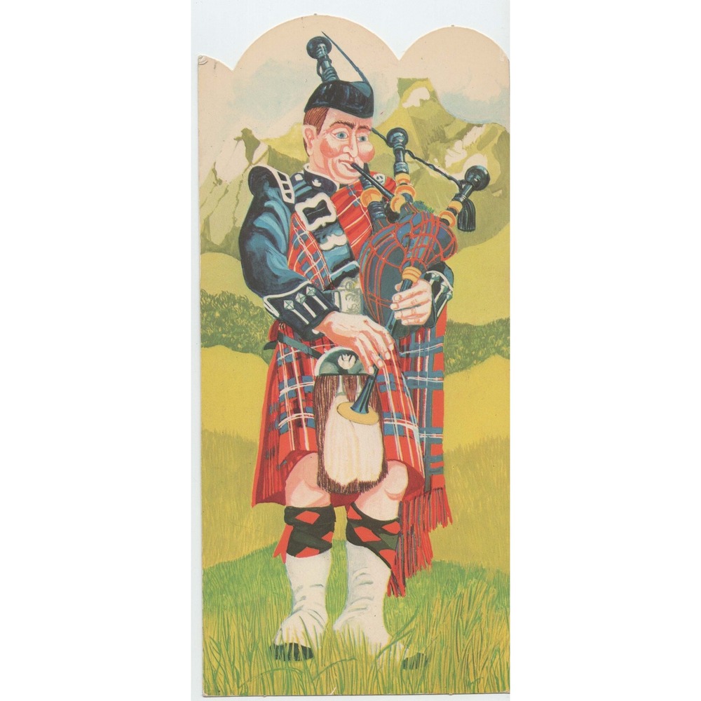 Scotland Scottish Bagpiper Highland Dress Tartan Kilt Die Cut Tall Postcard Vtg